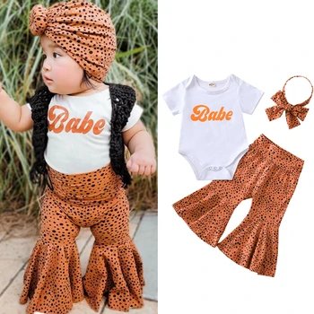 Moda za Priložnostne Poletje Lovely Baby Dekleta Obleke, Kompleti Pismo Kratek Rokav Romper Leopard Flare Hlače Glavo 0-24M