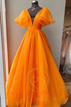 Organza Oranžna Prom Oblačenja 2022 Dolgo Črto, Pleat Skp Kratek Zabuhle Rokavi V Vratu Večer Stranka Obleke, Dolge Ženske po Meri
