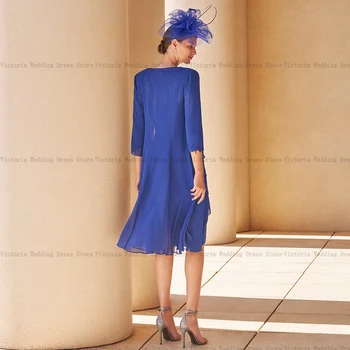 Royal Modra Elegantno Mati Neveste Obleko z Jakno Aplicirano Koleno Dolžina Šifon Formalno Haljo Zgolj De Ia Mariée élegante