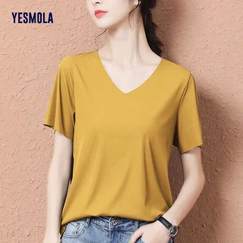YESMOLA 2021 Poletje Novo Ledeno Svile Kratek sleeved majica s kratkimi rokavi Ženske Proti-vrat Barva Dihanje Modni T-shirt korejska Različica