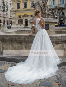 Off Ramo Appliques A-Linijo Poročnih Oblek Čipke Nazaj 3D Cvet Meri Vestido De Noiva Poročne obleke