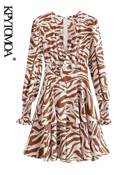 KPYTOMOA Ženske Mode Z Naborki Zebra Print Mini Obleka Letnik Dolg Rokav Nazaj Zadrgo Ženske Obleke Vestidos Mujer