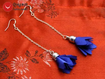 Qingmos Modre Svile Cvet Tassel Uhani za Ženske z 20*30 mm Svilena Cvet Visijo 3.5