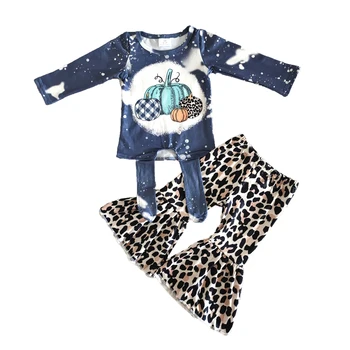 Moda otroci dolg rokav obleka dekle, buče, vrh z lokom in bell hlace komplet dojencek dekliška leopard obleko za noč čarovnic