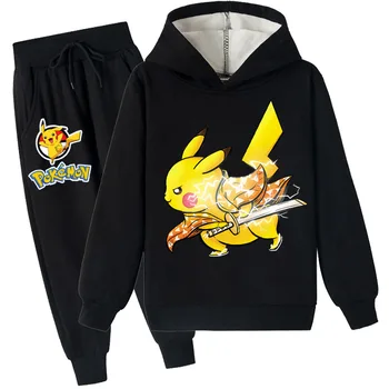 Pokemon Pikachu Risanka Tiskanja Vzorec Otrok Zimski Modni Flis Pulover, Hlače Obleko Dva-delni Set Otroci Boutique Oblačila