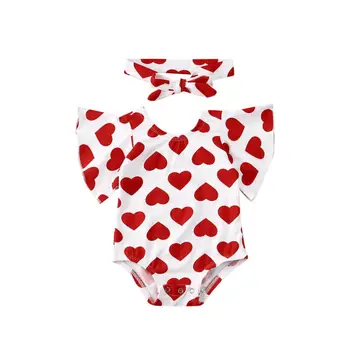 0-18 M Srčkan Newborn Baby Dekle Valentinovo Oblačila Srce, ki Tiskanja Bodysuit Jumpsuit Glavo 2pcs