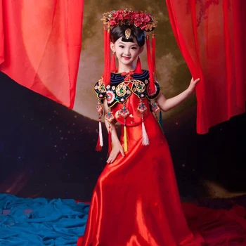 Hong Fu Rdeče Etnične Moda Kitajske Nacionalne Trend Rdeč kostum za Malo Dekle z Las Tiaras Lepo Dekle Kostum