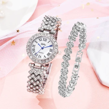 Luxe Vrouwen Rose Goud Horloge Način Dames Quartz Diamond Horloge Elegante Vrouwelijke Zapestnica Horloges 2 Stuks Nastavite Reloj Mujer