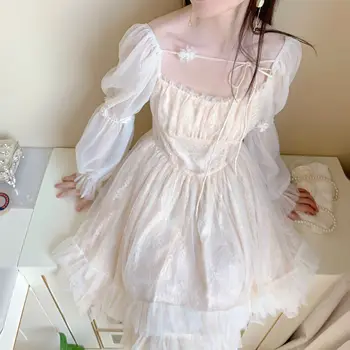Lolita Kawaii Obleka Ženske Priložnostne Long Sleeve Vintage Y2k Mini Obleka Ženska Japonski Slog Enega Kosa Obleko Korejski 2021 Jeseni