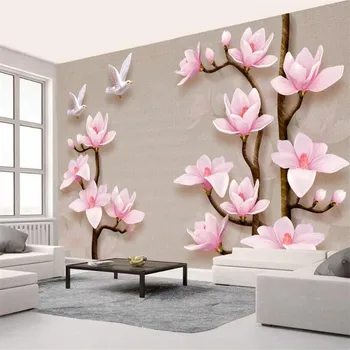 High-definition 3d reliefni magnolija ptica nakit TV ozadju stene ozadje po meri zidana