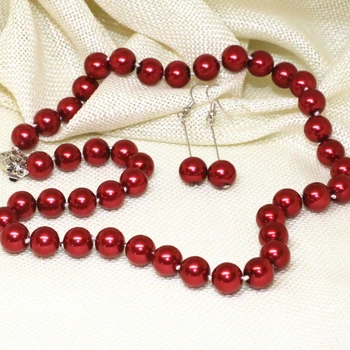 Moda 10 mm čare temno rdeče imitacije pearl lupini krog kroglice ogrlica, uhani za ženske nevesta nakit set 18 inch B2343