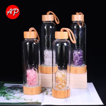 Naravni Kristal Gemstone Stekla Steklenico Vode Rose Quartz Gramoz Neposredno Pitje Skodelico Bambusa Pokal Kritje Energetsko Pijačo Steklenico Vode