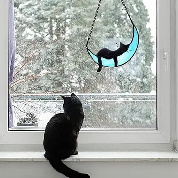 Odlična Barvna Okna Stekla, ki Visi Mačka na Luno Dekoracijo Okno Obesek za Večkratno uporabo Dekorativni