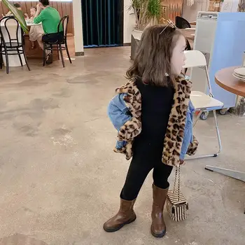 Otroci Oblačila 2022 Jeseni, Pozimi Dekleta Novi Modi Zgosti Dveh Straneh Nositi Leopard Denim Priložnostne Preprost Plašč otroci