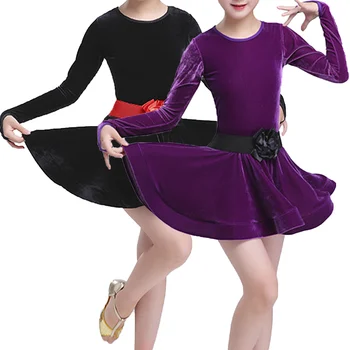 Otroci, Dekleta, latinska Plesne Kostume Gimnastični Leotard Balet Obleko z Dolgimi Rokavi Žamet Plesna Obleka Latin Obleko za Ples Razred