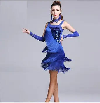 Strokovno latinsko obleko Modra Sassel Sequins Sazu Fazi Ples obleka Ženske Svetlečim