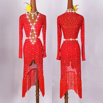 Sijoče Nosorogovo latinski Ples Obleka Ženske High-end Meri Rdeča Elastična Očesa Gaza Seksi Rumba latinsko Obleke, Ženske Plesne Obleke