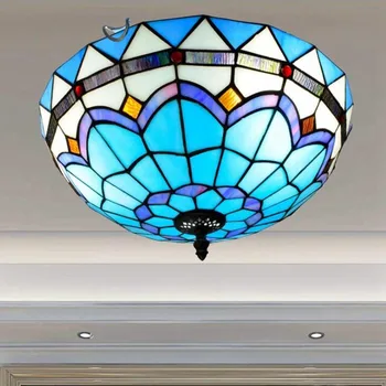 Sredozemlje Tiffany Baročnem Slogu Modra Vitraž Pastorala Krog Umetnosti LED Stropna Luč za Spalnice, Hodnika luç