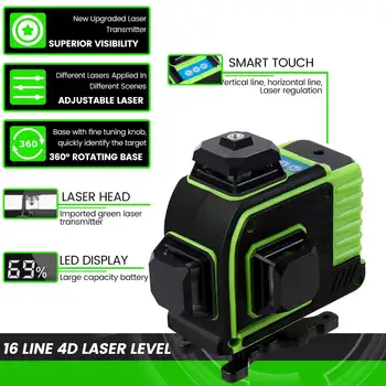 16 Linij 4D Laser Ravni Self-Izravnavanje 360 Vodoravno In Navpično Križ Super Močan Zeleni Laserski Žarek Linij Z 2 Baterija