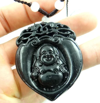 48*41MM Debelo naravno Kitajski črni zeleni kamen, kamen ročno izklesan kip Bude, amulet ogrlico, obesek