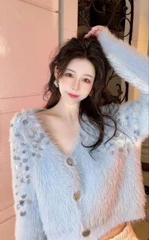 Jeseni in pozimi novi korejski manjšinskih težka industrija sequins proti-vrat pletenine temperament Vsestranski imitacije mink volne oversize