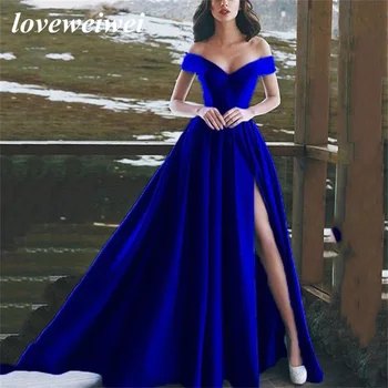 A-Linija Elegantno Večerno Obleko brez Rokavov Off Ramenski Večerno obleko Tla-Dolžina Kraljevsko Modra Ruffles Saten Prom Oblačenja haljo de bal