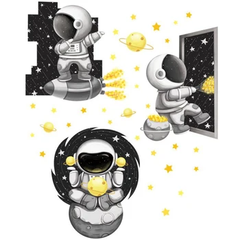 Velika Risanka Astronavt vesoljsko Ladjo Stenske Nalepke Črno Bele Zvezde DTY Fantje Soba Vrtec Spalnica Nalepke za Dekoracijo