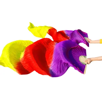 Svila Ples Trebuh Navijači 1Pair Ročno Barvana Svilena Belly Dance Performance Long Ljubitelje Plesne Kostume Purple+Rdeča+Rumena 180x90cm Fan