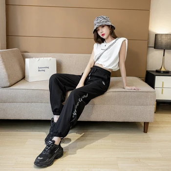 Korejski Modni Trendi Joggers Sweatpants za Ženske Pismo Tiskanja Oblačila Najstniških Vrvico Legging Harem Hlače Ulične Hip Hop