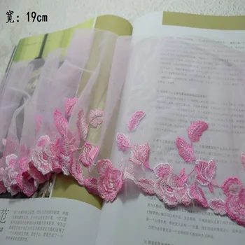 19 cm, širina-2yards/veliko Roza cvetovi beli gaza Vezenje DIY čipke trim za oblačila in poročno dekoracijo