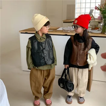 Otrok'sVest 2022 Jeseni Nove Fante in Dekleta korejski Usnje Waistcoat Moda Fant, ki je PU Telovnik Ulične Coats Outwear Jakna