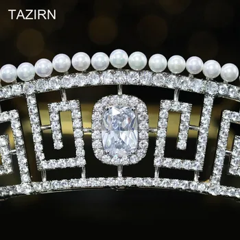 Luksuzni Kubičnih Cirkonij Evropske Royal Princess Krono Cirkon Pageant Pearl Tiaras CZ Poroka Poročni Headpieces Stranka, Lase, Nakit