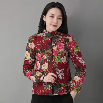 2022 nacionalni slog padded jakna ženske letnik cvet tiskanja tang bo ustrezala ženski tradicionalnih kratek plašč orientalski svoboden jakna