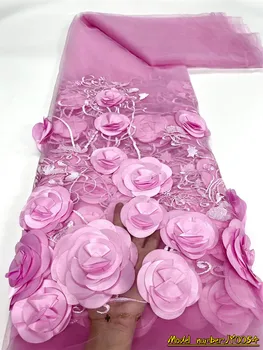OMEG Jezero, modro Afriške roza 3D Cvet Tkanine francoski Til Očesa Tkanine, Čipke za Materiale Visoke Kakovosti Nigerijski kroglice Čipke JY0054