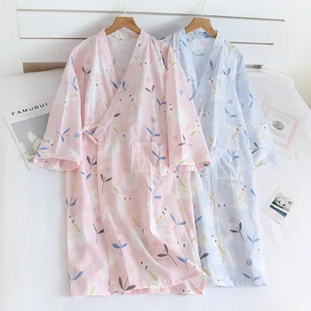 Pomlad / Poletje Bombažne Gaze, Tanek Plašč Ženske Risanka Kopalni Plašč Japonski Kimono Pižamo Tri Četrtine Oblačilih Housewear Sleepwear