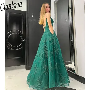 Zelena Prom Obleke Za Ženske Vestidos De Fiesta Largos Elegantes De Gala Črto Til Appliqued Zadrgo, Formalno Stranko Obleke