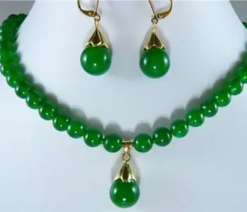 Brezplačna dostava Moda 10 mm narave Green jade Visijo Uhan ogrlica 18