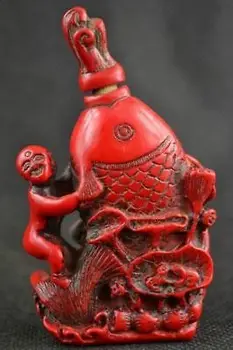 Izdelati Kitajski Zbirateljskih Okrašena Handwork Staro Umetno Rdeče Korale Smolo Otrok Igra z Ribami Snuff Steklenico