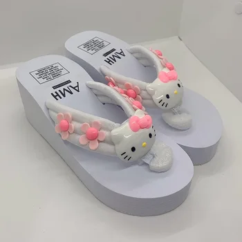Sanrio Hello Kitty Copate Y2k Kawaii Risanka Sandali Ženske Obremenitve Flip Flop Visokih Petah Copate Dame Moda Platforma Čevlji