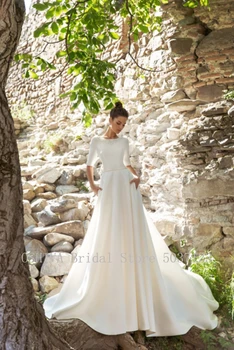 Preproste Poročne Obleke s Pasom bSatin Visoka, Krog Vratu Pol Rokavi Nagao свадебное платье 2022 Eleganten Modni