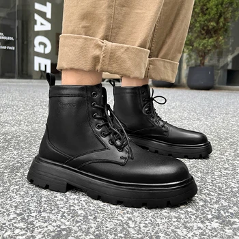 Anglija slog moških prosti čas naravno usnje škornji črni trend platforma čevlji čipke-up kavboj gleženj boot pomlad jesen kratka botas