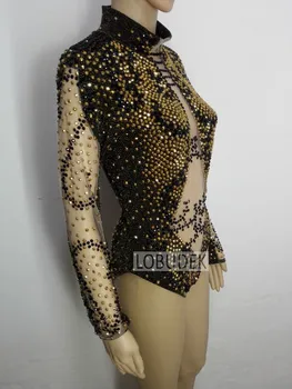 Ženski Sije Okrasnih Kostum Zlati črni Kristali Bodysuit Bar DJ Pevka Seksi vidi skozi Fazi Obleko Gostiteljice Model modni brvi