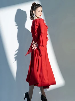 2022 Dvorana Plesno Obleko Za Ženske Rdeča Črna Dolge Rokave Ruffles Valček Plesna Predstava Oblačila Tango Ples Obrabe DNV16921