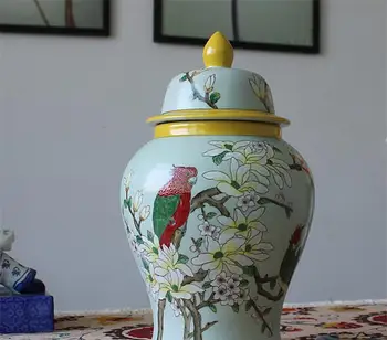 Ameriški Ptica papiga keramični tempelj Jar Dekoracijo Krožnika Treh Sklopih Obrt Pribor iz porcelana Ingver kozarec, vazo