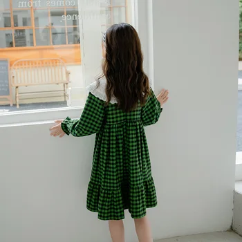 Najstniški Otroci Obleke za Dekleta Peter Lutka Ovratnik Zelena Kariran Princesa Obleko Spomladi Leta 2023 Priložnostne Sladko Otroci Oblačila 13 14 Leto