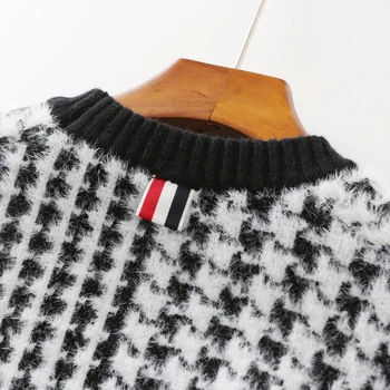 Tb pulover ženske jeseni in pozimi retro houndstooth krog vratu dolgo sleeved ohlapen pulover dno pleteni pulover vrh