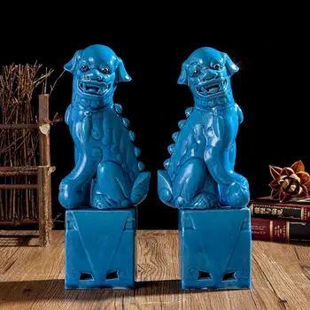 Kitajska Jingdezhen Porcelana Modra, Bla Bogata Pes Stražar Lev Keramični Kip 12.6