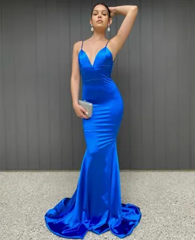 Elegantno Dolgo Saten Kraljevsko Modra Večerne Obleke morska deklica Špageti Proti-Vrat Strappy Nazaj Zamah Vlak, Formalno Stranko Halje za Ženske