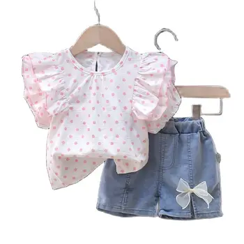 Otroci Dekliška poletna oblačila, ki baby dekleta modni bombaž Polka Dot Ruffle Kratkimi + Traper hlače otroci trasksuits določa