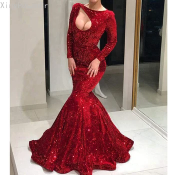 XingPuLanEr Nov Prihod Dolgo Večerno Obleko Sexy Morska Deklica Z Dolgimi Rokavi Izrežemo Elegantne Ženske Rdeča Formalno Večer Stranka Oblek